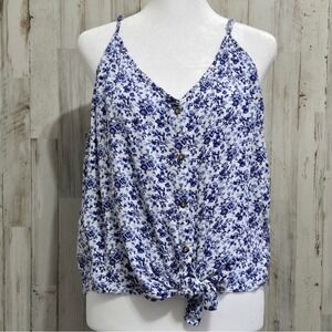 H&M Blue White Floral  Spaghetti Strap Tie Front Tank Top Blouse Plus Size XXL
